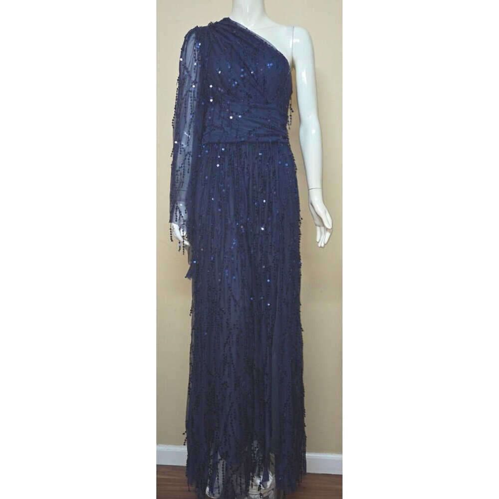 Giffniseti Navy Blue Long Sequin One Shoulder Side Slit Dress Gown Size MED